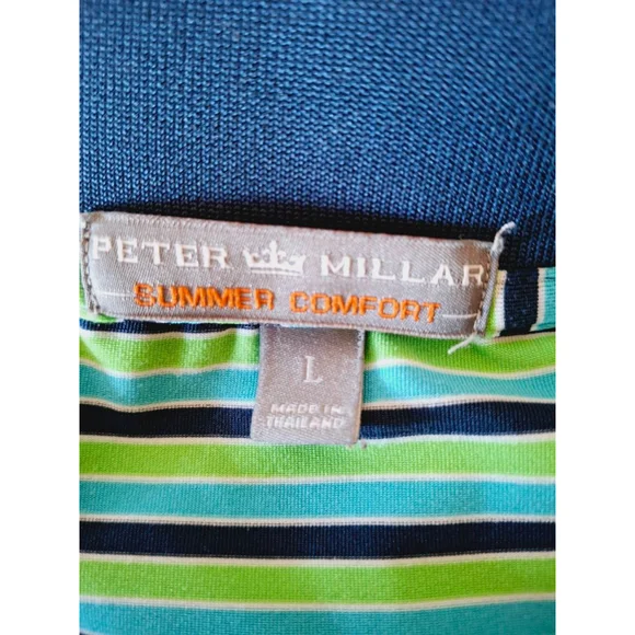 Men's peter Millar Polo Shirt, L, Green & Blue stripe golf summer comfort - Picture 4 of 5